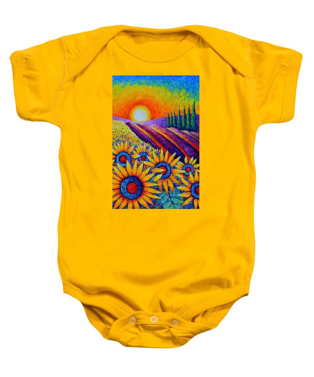 Sunflower Baby Onesie featuring the painting FIELDS OF GOLD IN SUNRISE LIGHT commissioned painting sunflowers and lavender Ana Maria Edulescu by Ana Maria Edulescu