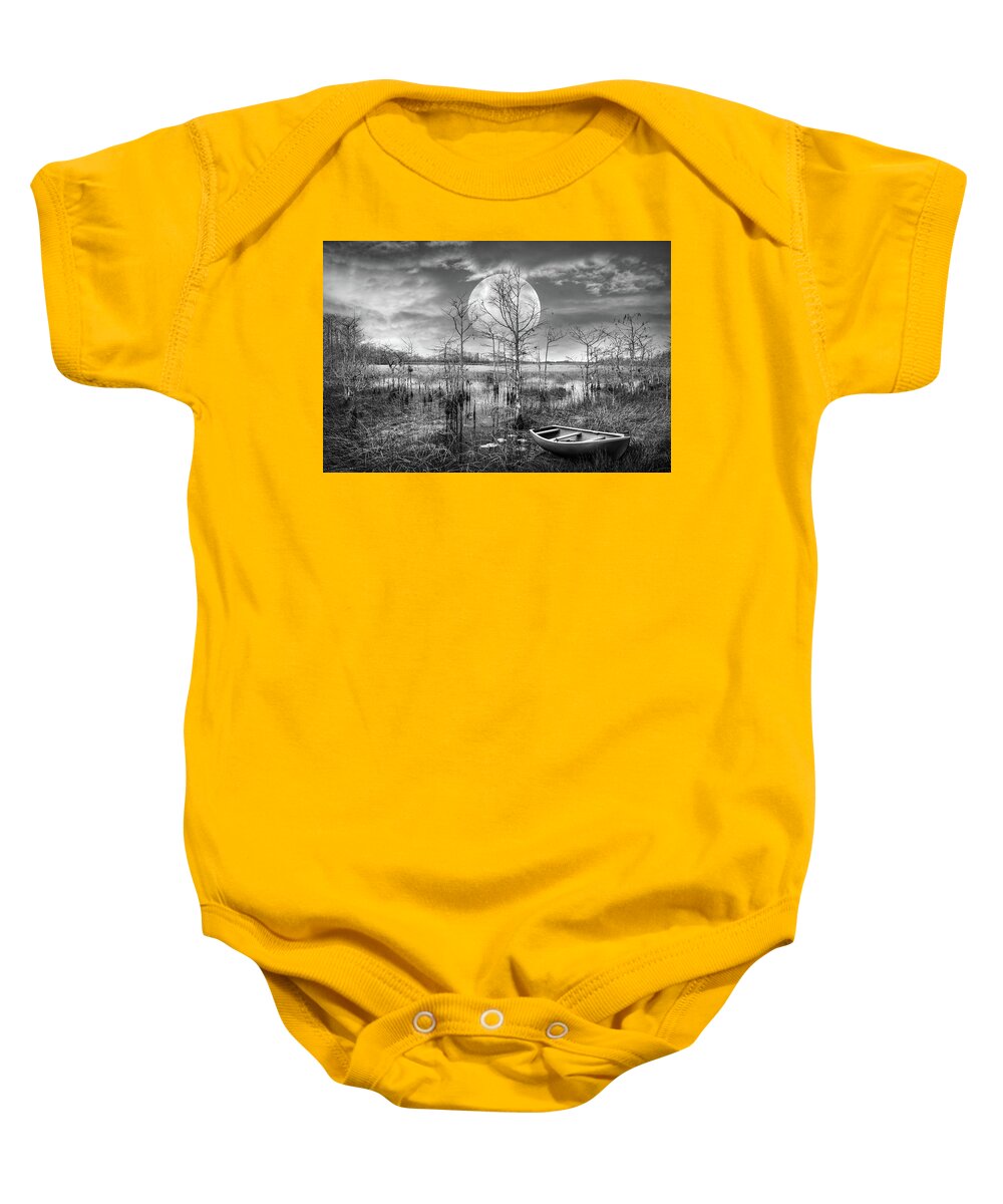 Boats Baby Onesie featuring the photograph Floating Under the Full Moon in Black and White by Debra and Dave Vanderlaan