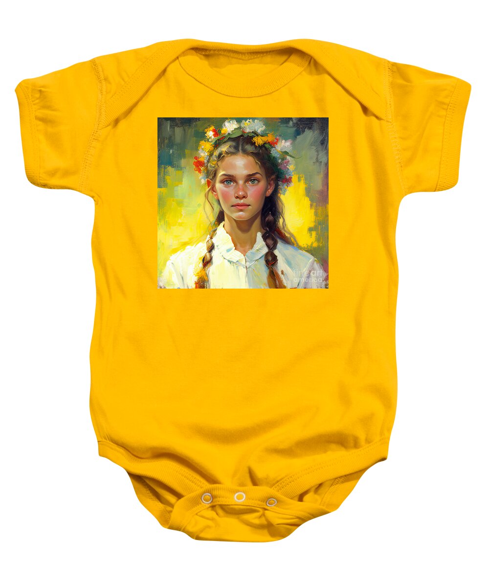 Girl Baby Onesie featuring the mixed media Girl with a wreath by Binka Kirova