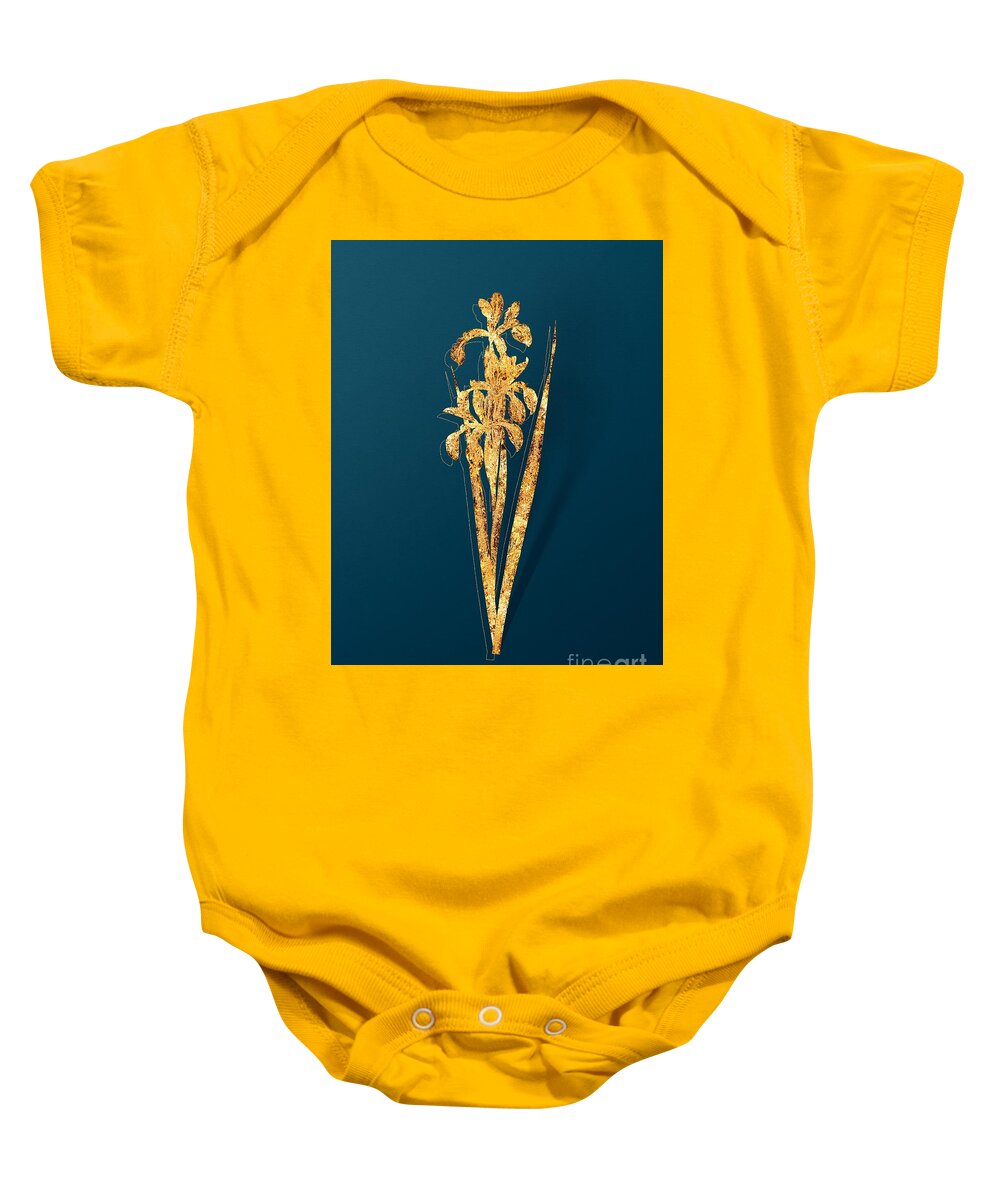 Vintage Baby Onesie featuring the mixed media Gold Blue Iris Botanical Illustration on Teal by Holy Rock Design