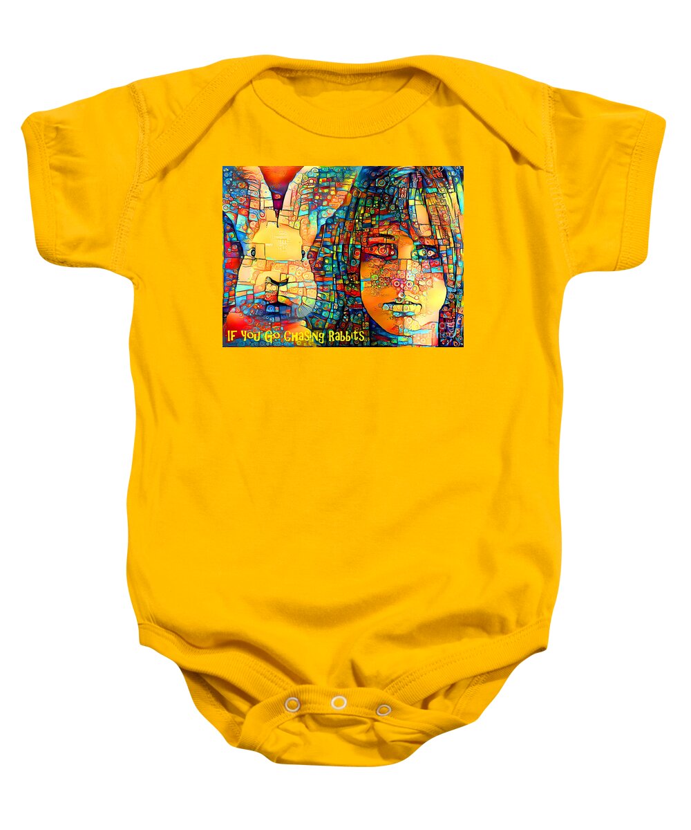 Wingsdomain Baby Onesie featuring the mixed media Grace Slick White Rabbit Psychedelic 60s Trip 20220618 text by Wingsdomain Art and Photography