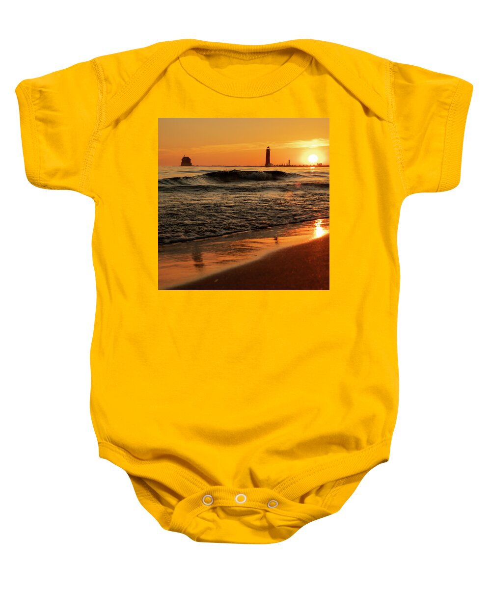 Grand Haven Lighthouse Sunset Baby Onesie featuring the photograph Grand Haven Beach Sunset by Dan Sproul