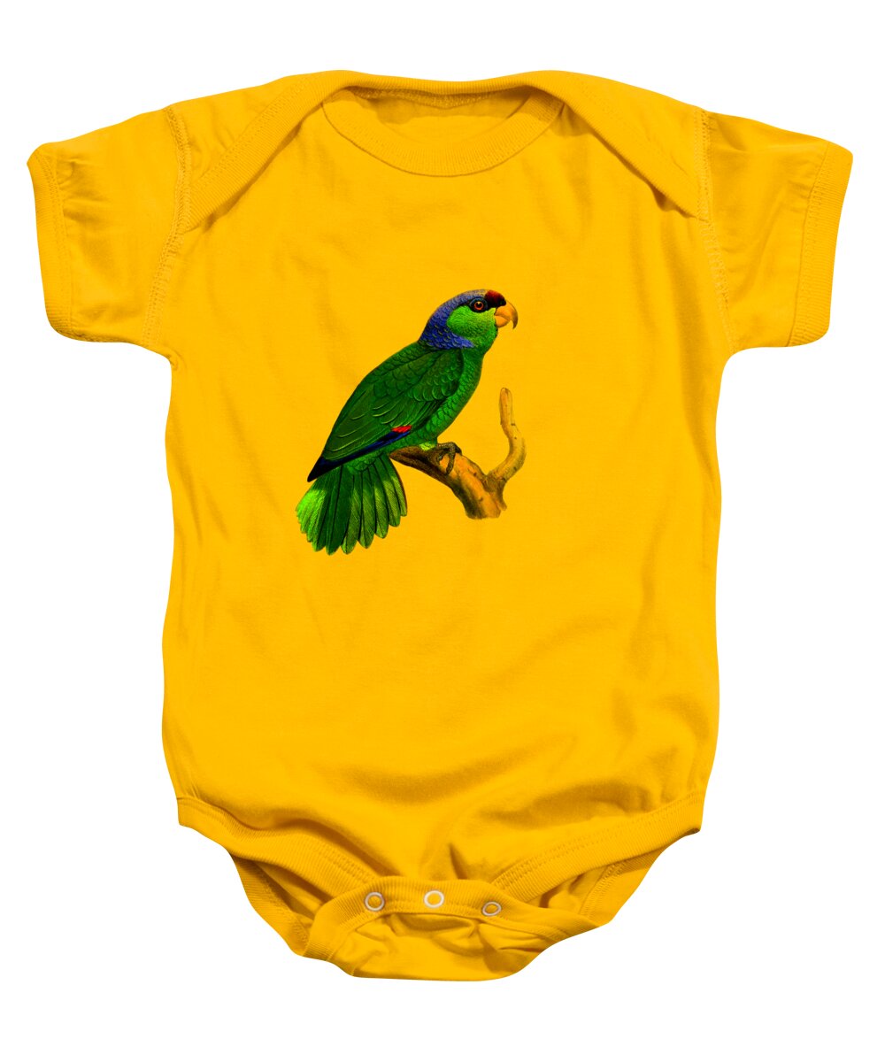 Festive Amazon Baby Onesie featuring the digital art Green Amazon Parrot by Madame Memento