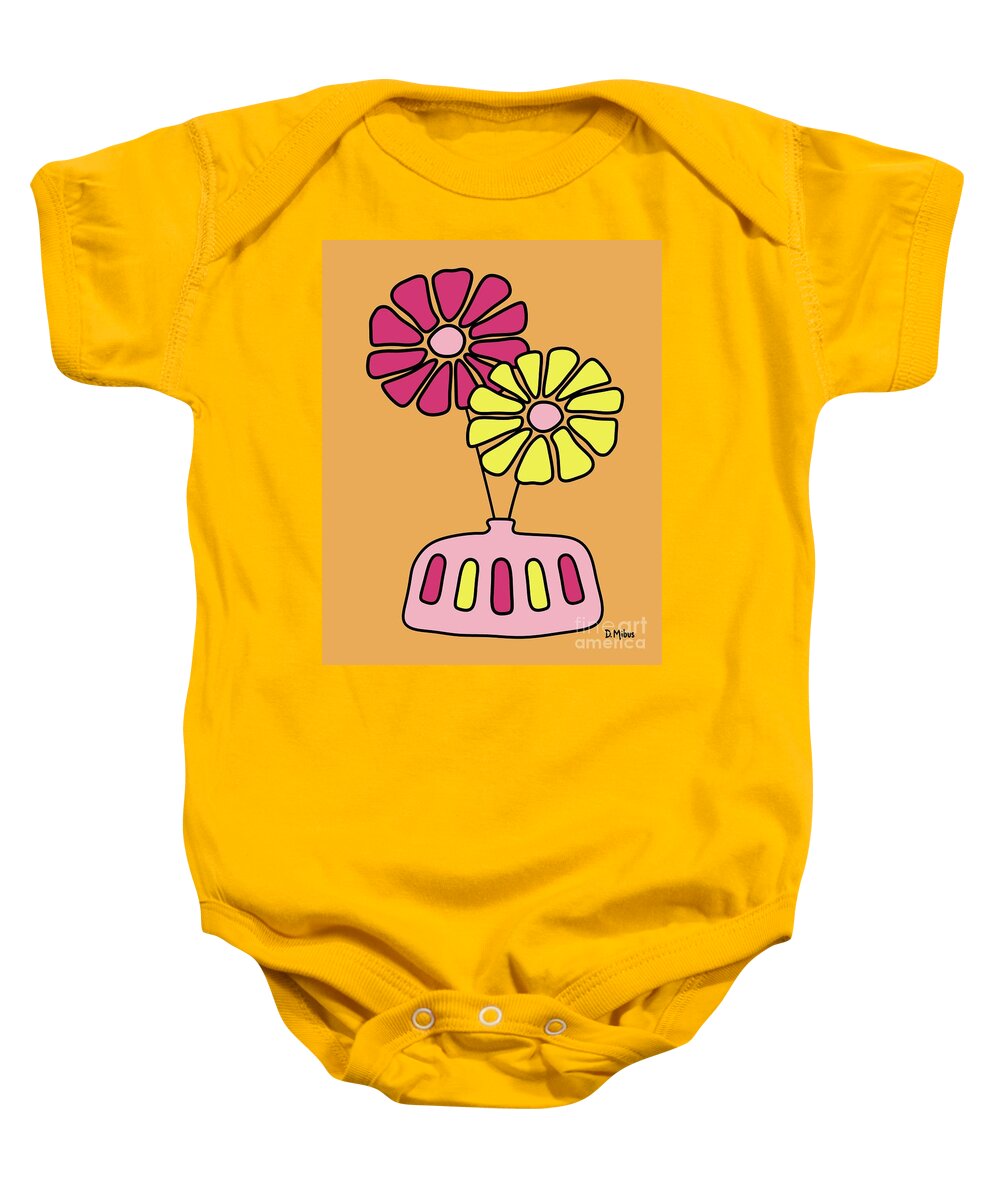 Groovy Baby Onesie featuring the digital art Groovy Pink and Yellow Flowers on Melon by Donna Mibus