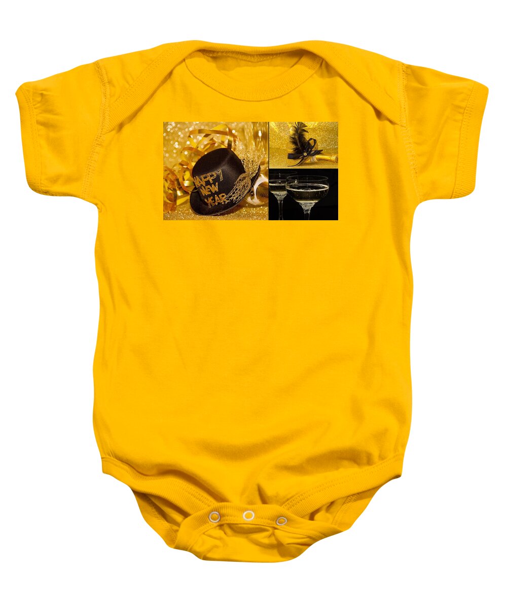 Happy New Year Baby Onesie featuring the photograph Happy New Year Hat and Champagne by Nancy Ayanna Wyatt