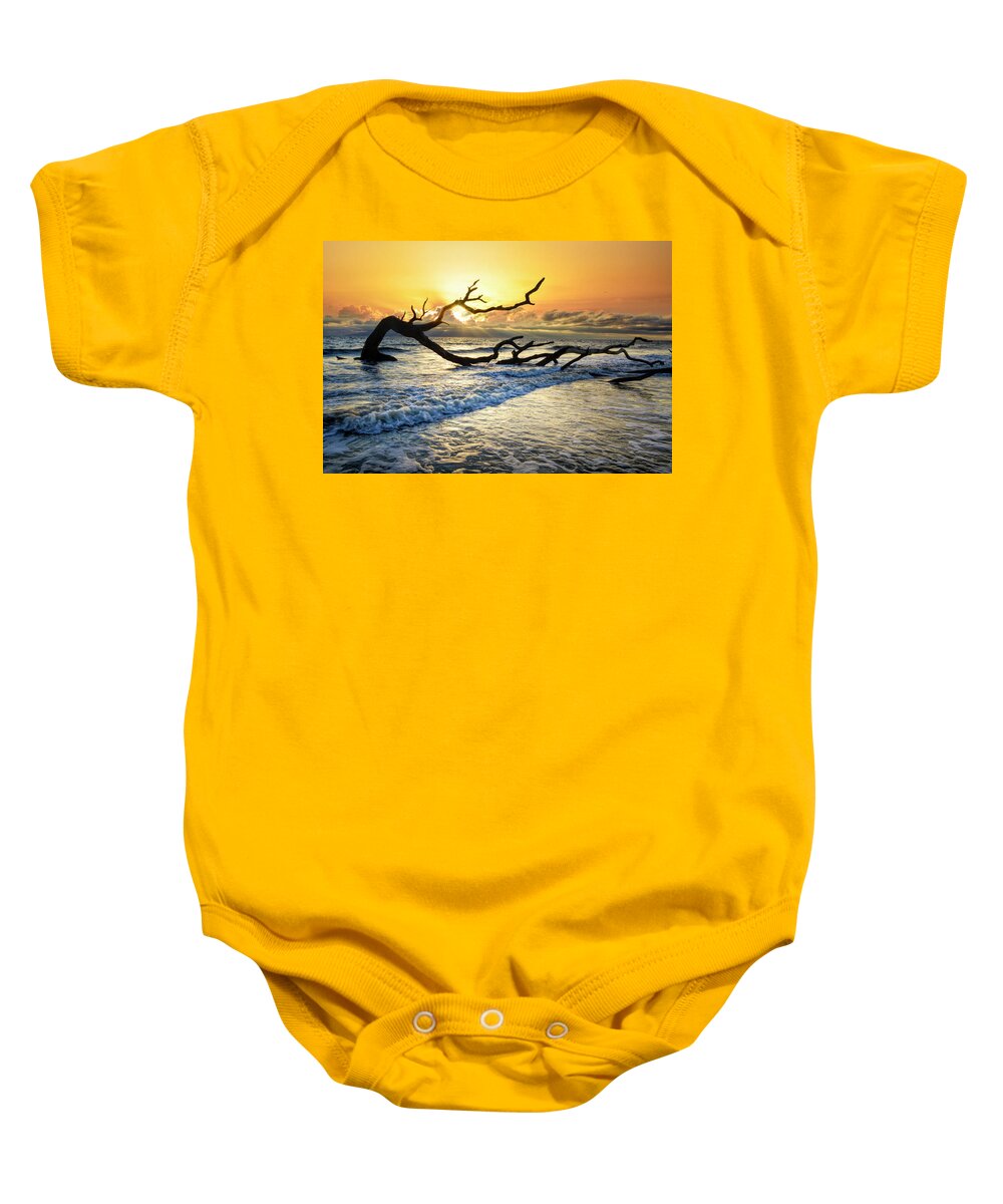 Clouds Baby Onesie featuring the photograph Incoming Waves at Driftwood Beach Jekyll Island by Debra and Dave Vanderlaan