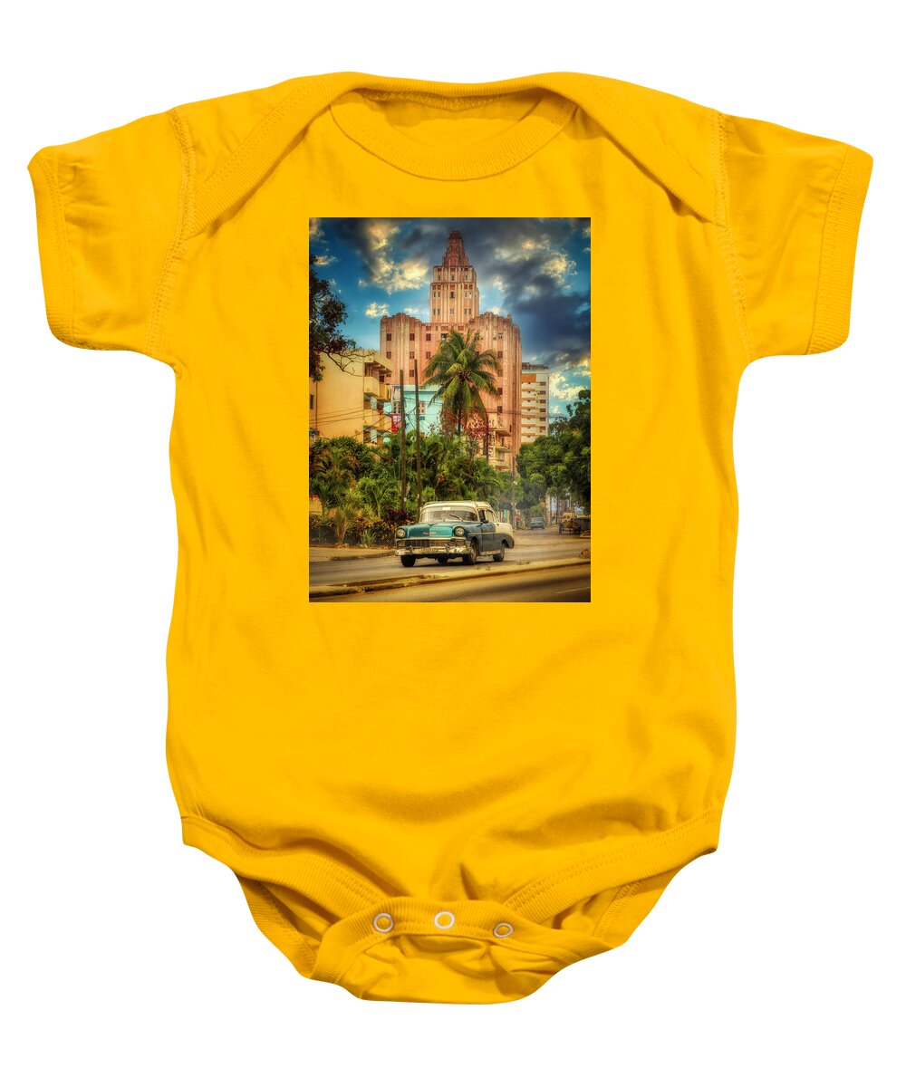 Pink And Blue Baby Onesie featuring the photograph La Colonial Tower, Havana, Cuba by Micah Offman
