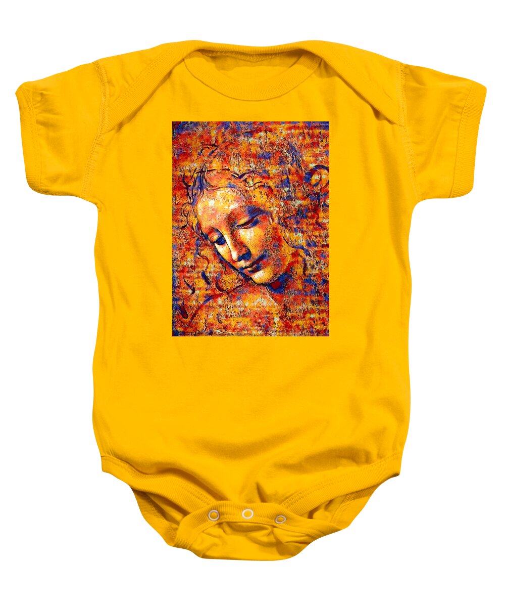 La Scapigliata Baby Onesie featuring the digital art La Scapigliata, 'The Lady with Dishevelled Hair', by Leonardo da Vinci - colorful dark orange by Nicko Prints