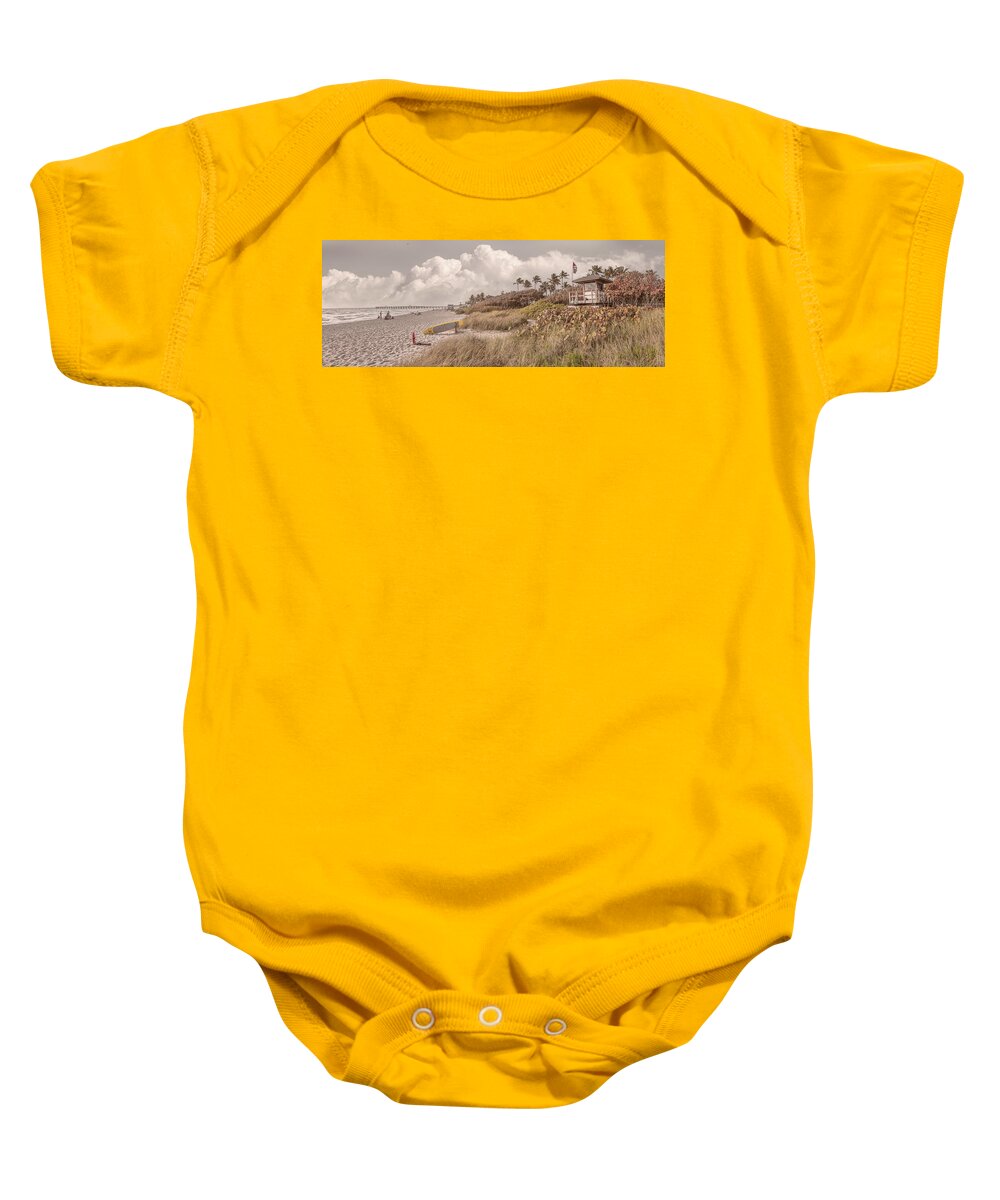 Clouds Baby Onesie featuring the photograph Lifeguard Stand in the Beachhouse Dunes Panorama by Debra and Dave Vanderlaan