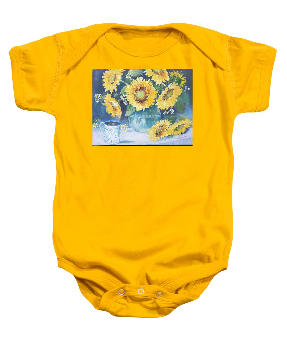 Sunflowers Autumn Coffee Harvest Baby Onesie featuring the painting Mama's Cup with Sunflowers by ML McCormick