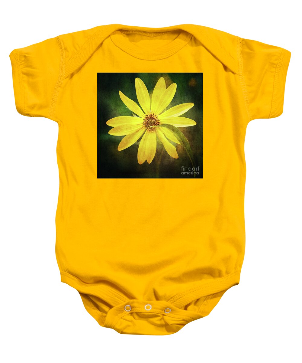 Sunflower Baby Onesie featuring the photograph Mum's the Word - Lemon Queen Sunflower Grunge Style by Anita Pollak