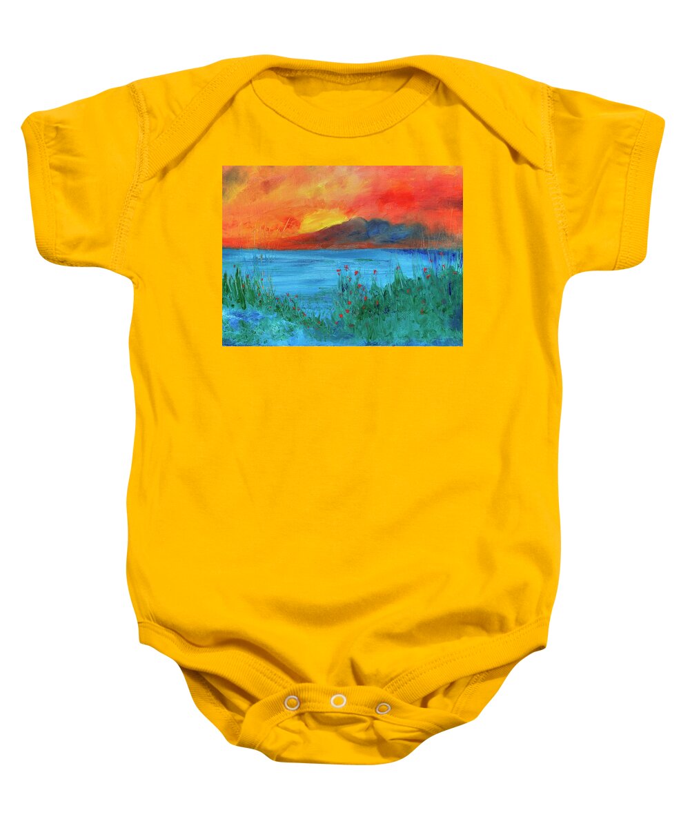 Sunset Baby Onesie featuring the painting Ode to Wildflowers at Sunset by Susan Grunin