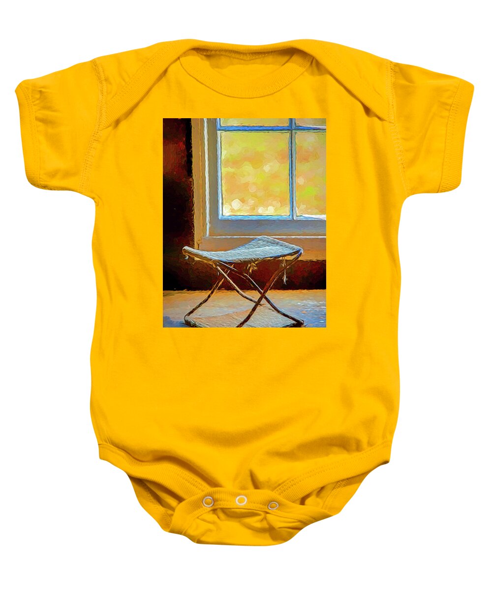 Holmdel Park Baby Onesie featuring the photograph Painterly Vintage Folding Seat Near Barn Window by Gary Slawsky