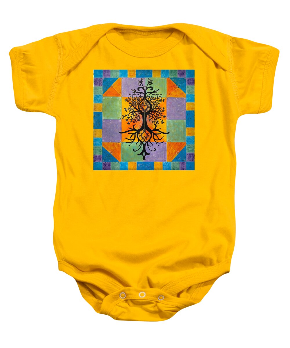 Tree Of Life Baby Onesie featuring the painting Patchwork of Life by Nancy Sisco