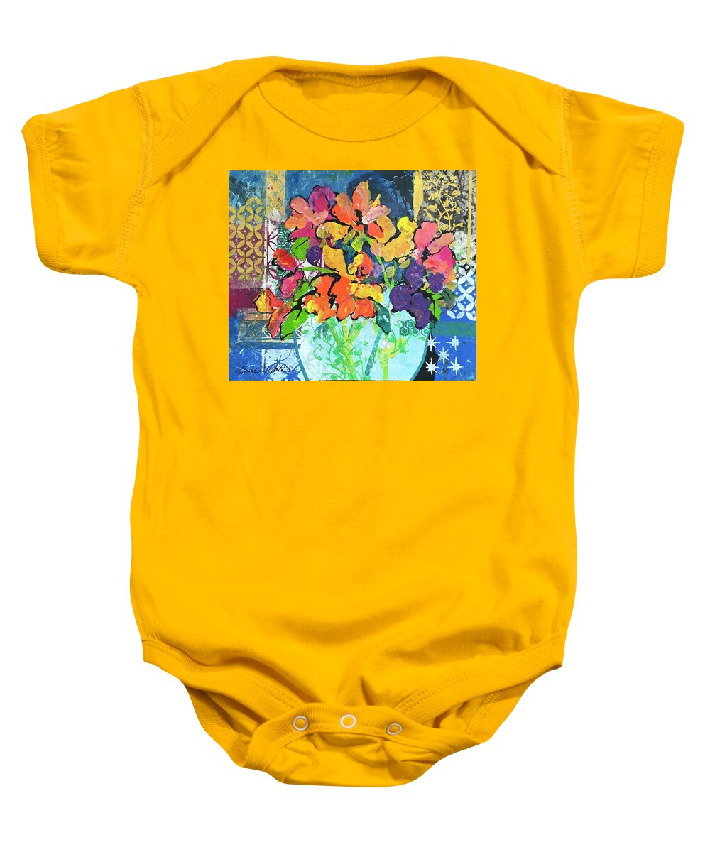 Mixed Flower Bouquet Baby Onesie featuring the painting Patio Profusion by Elaine Elliott