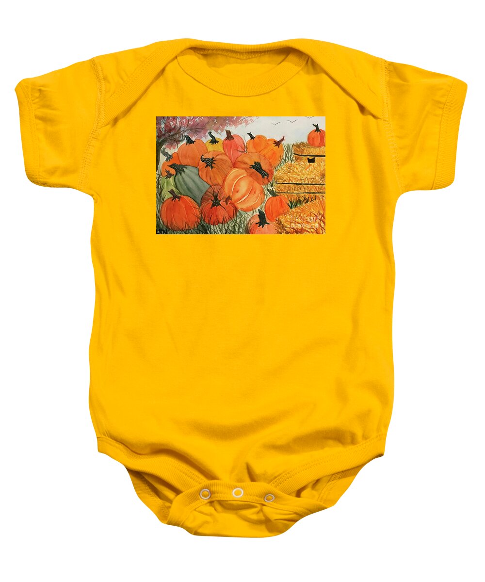 Fall Baby Onesie featuring the painting Pile of Pumpkins by Lisa Neuman