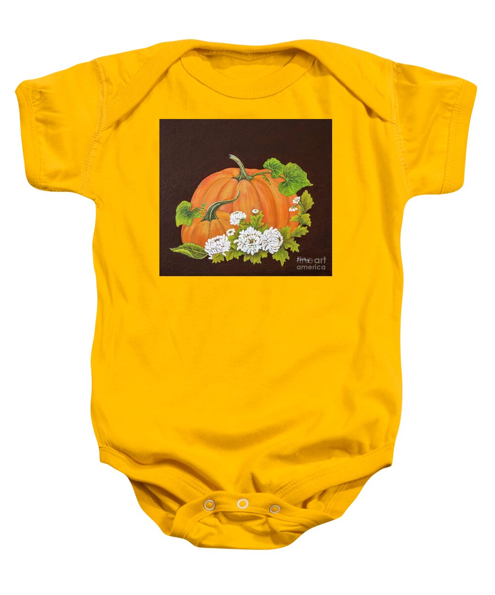 Pumpkin Baby Onesie featuring the painting Pumpkins and Flowers by Shirley Dutchkowski
