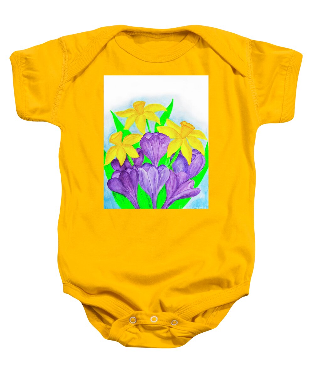 Flower Baby Onesie featuring the painting Purple crocuses and yellow daffodiles by Irina Afonskaya