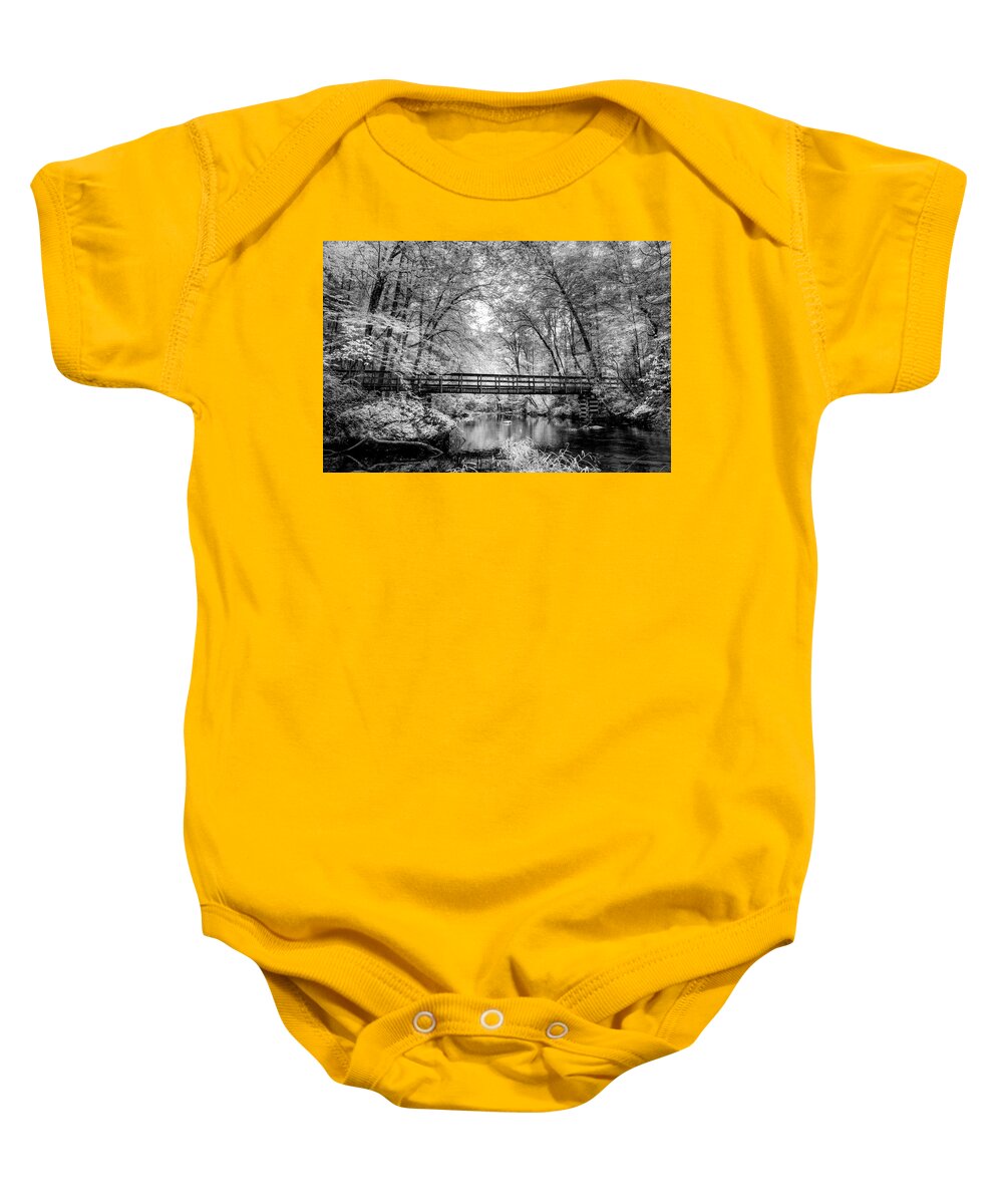 Black Baby Onesie featuring the photograph Reflections at Coker Creek Black and White by Debra and Dave Vanderlaan