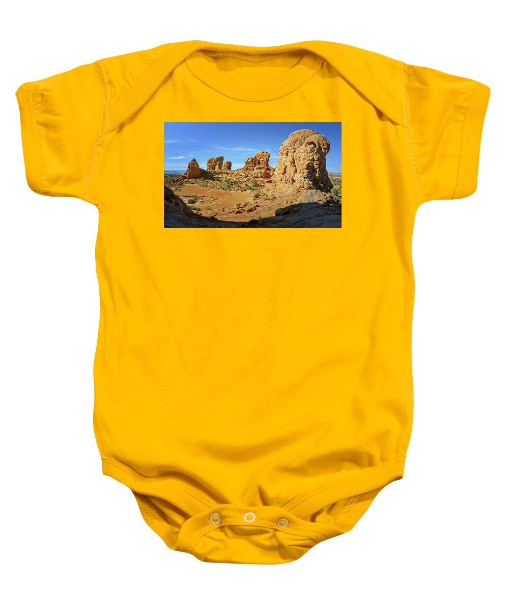 Arches Baby Onesie featuring the photograph Sandstone Towers of Arches National Park Moab Utah by Joan Carroll