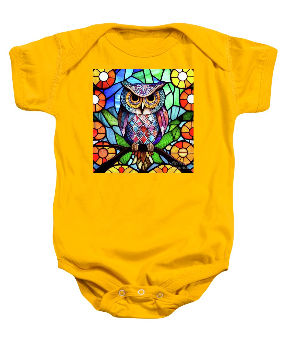 Stained Glass Owl Baby Onesie featuring the digital art Stained Glass Owl by Tina LeCour