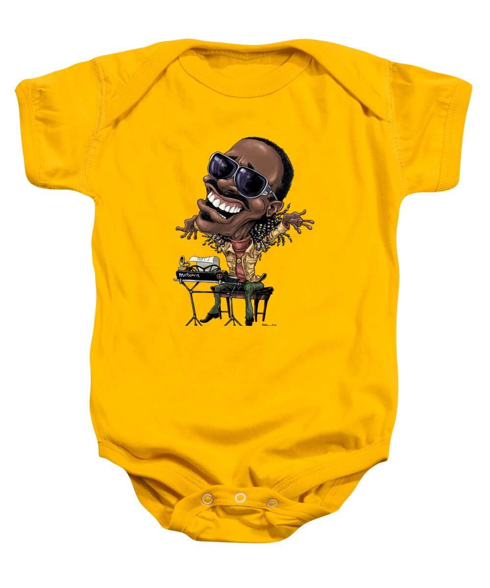 Caricature Baby Onesie featuring the drawing Stevie Wonder in color by Mike Scott