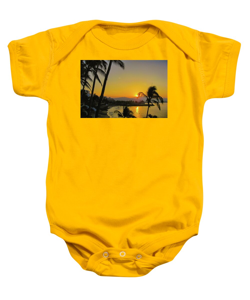 Sunset Baby Onesie featuring the photograph Sunset at Dolphin Cove Inn, Manzanillo, Mexico by Tatiana Travelways