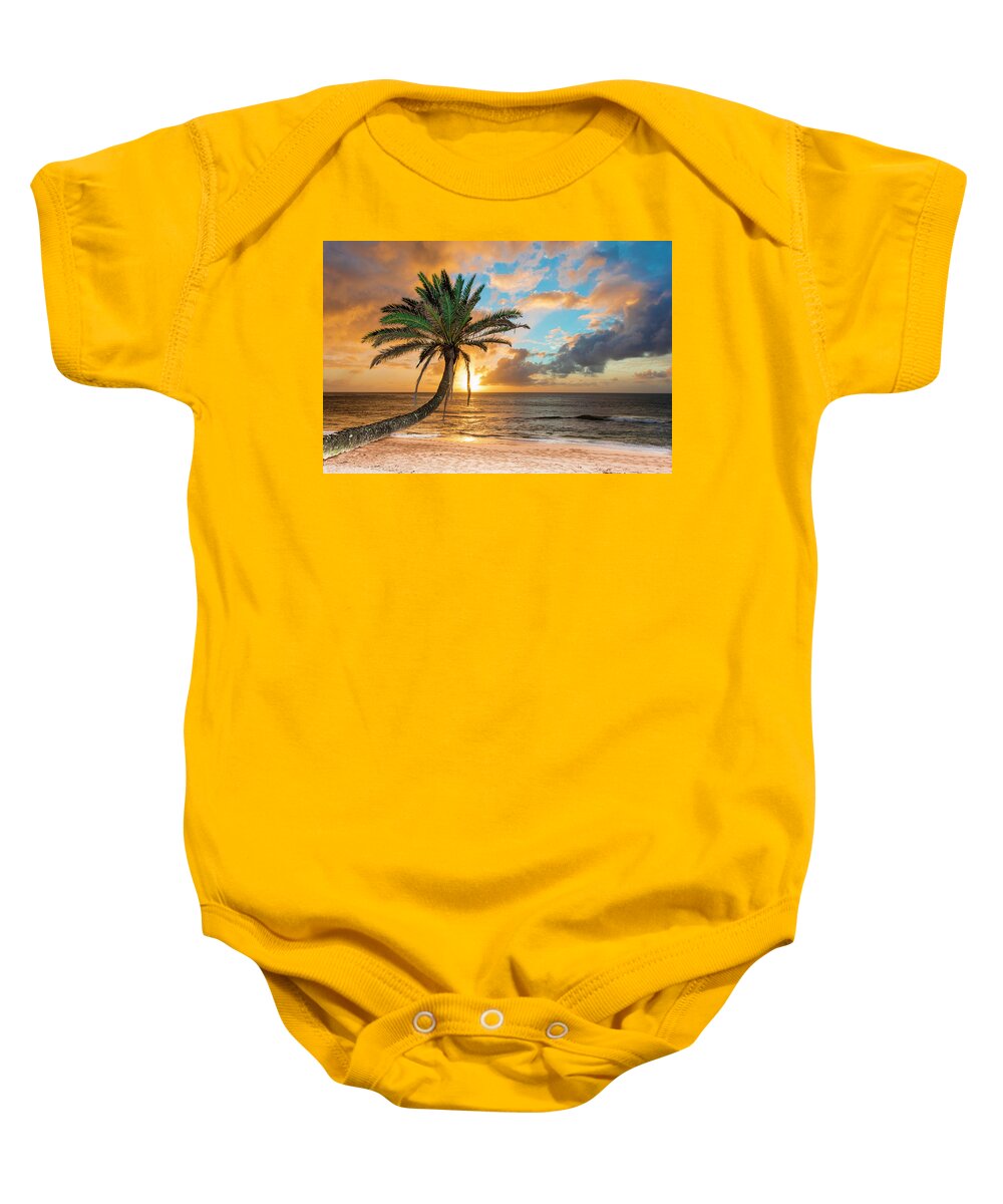 Sunset Beach Golden Palm Baby Onesie featuring the photograph sunset Beach golden Palm by Leonardo Dale