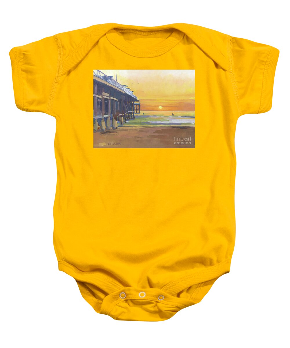 Crystal Pier Baby Onesie featuring the painting Surfing Pacific Beach - San Diego, California by Paul Strahm