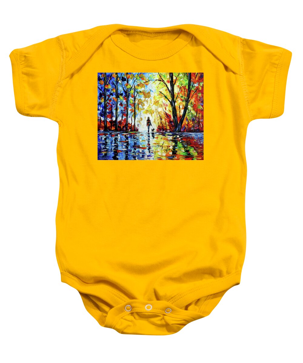 Woman Alone Baby Onesie featuring the painting The Woman With The Dog by Mirek Kuzniar