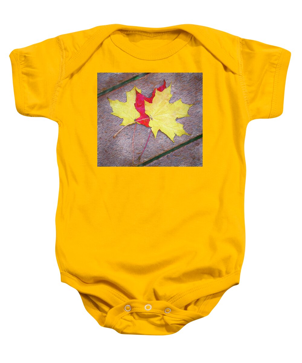 Holmdel Park Baby Onesie featuring the photograph Three Autumn Leaves On A Bench by Gary Slawsky