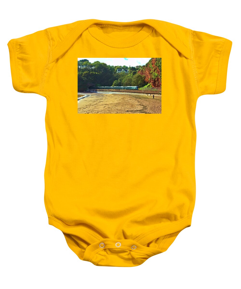 Dawlish Baby Onesie featuring the photograph Train Heading to Dawlish from Teignmouth by Jeremy Hayden