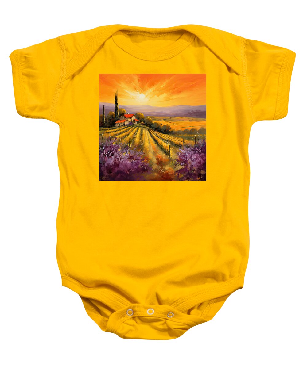 Tuscany Baby Onesie featuring the painting Tuscan Vineyard Sunset - Vineyard Impressionist Paintings by Lourry Legarde