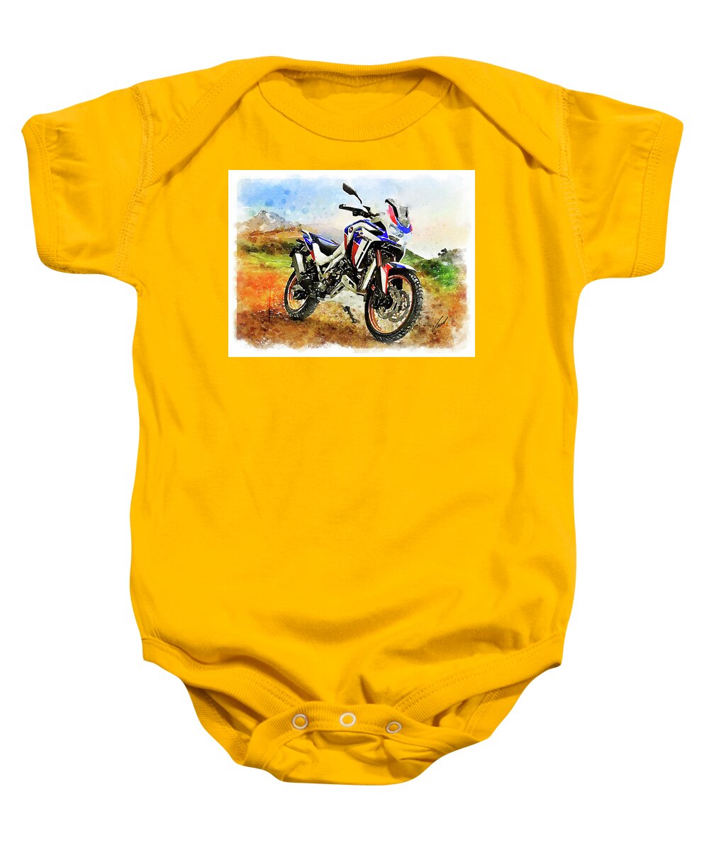 Art Baby Onesie featuring the painting Watercolor Africa Twin Adventure motorcycle by Vart by Vart