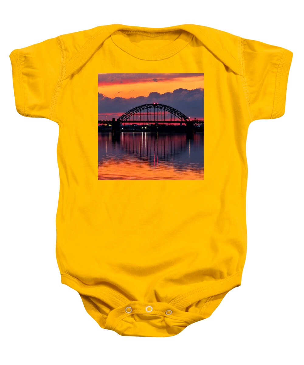 Tacony-palmyra Bridge Baby Onesie featuring the photograph Winter Sunset Behind Tacony-Palmyra Bridge on the Delaware River by Linda Stern