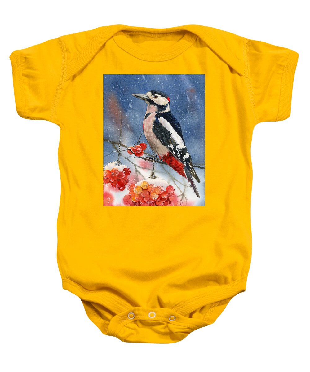 Bird Baby Onesie featuring the painting Winter Woodpecker by Espero Art