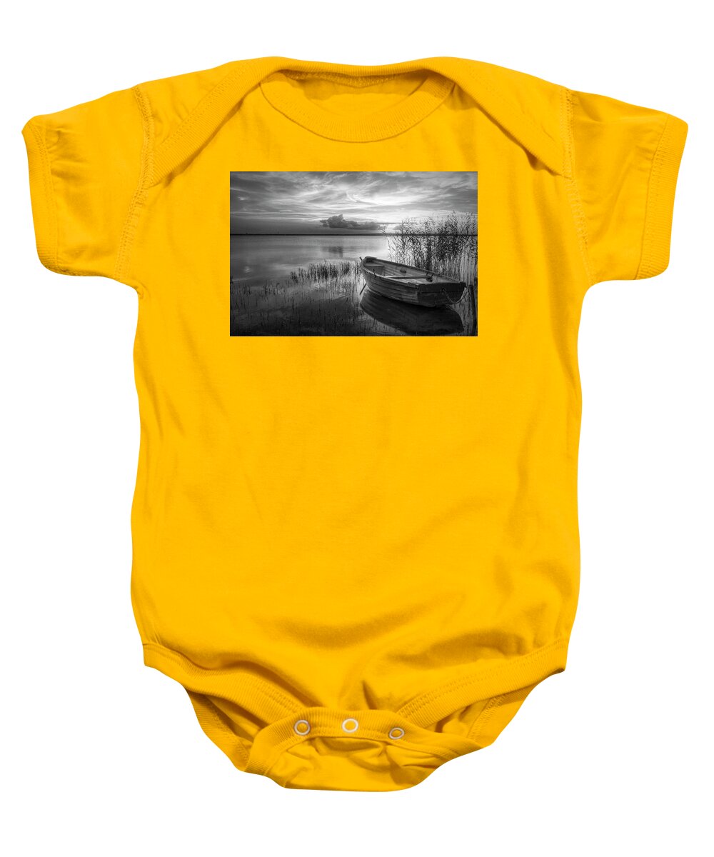 Boats Baby Onesie featuring the photograph Wooden Rowboat at Sunset Black and White by Debra and Dave Vanderlaan