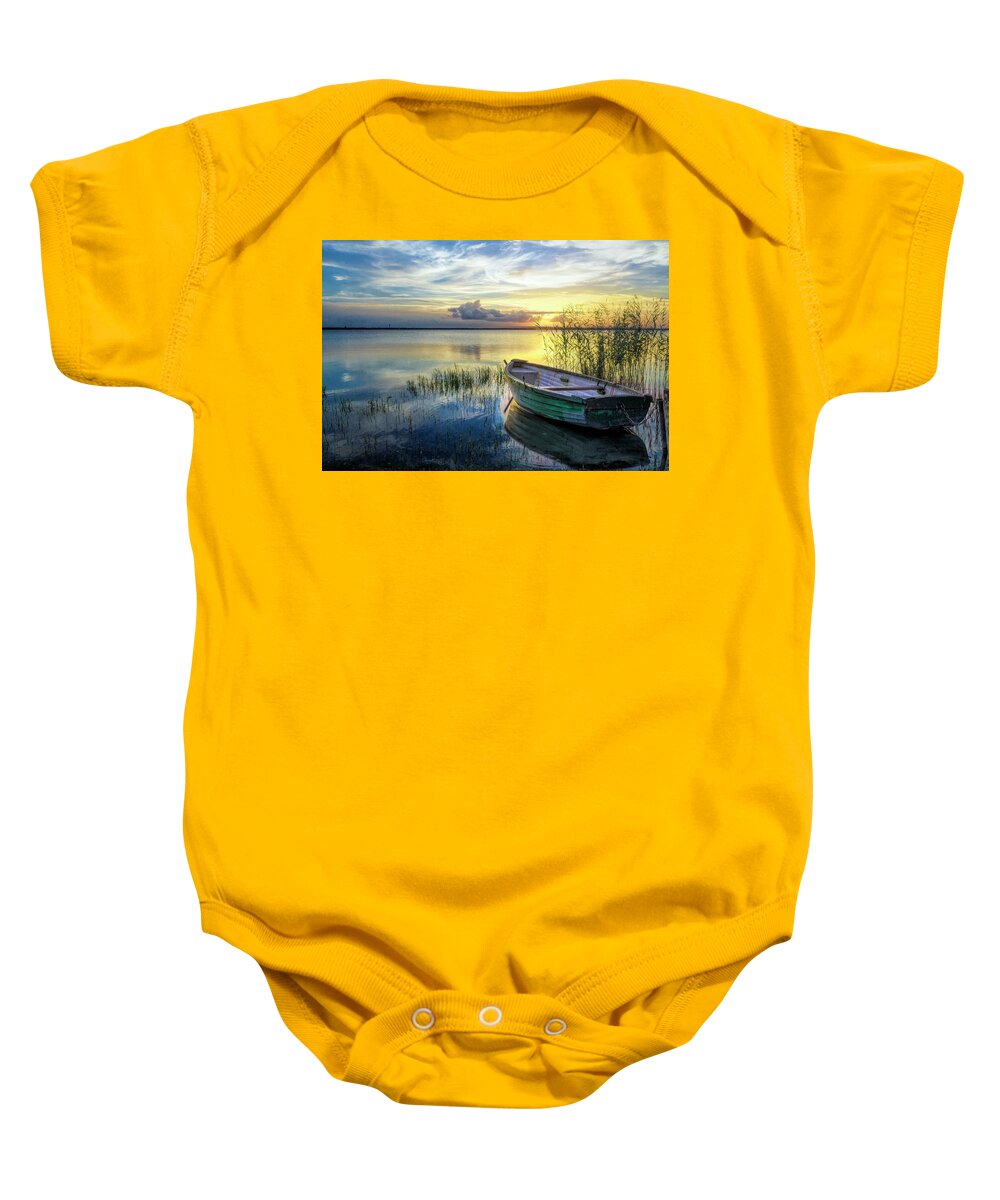 Boats Baby Onesie featuring the photograph Wooden Rowboat at Sunset by Debra and Dave Vanderlaan