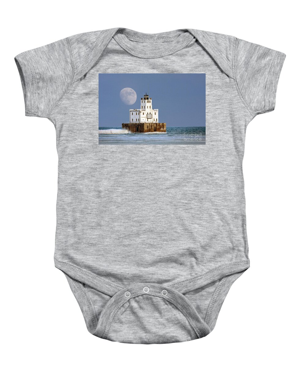 Milwaukee Baby Onesie featuring the photograph 0186 Moon over Milwaukee Breakwater Lighthouse by Steve Sturgill