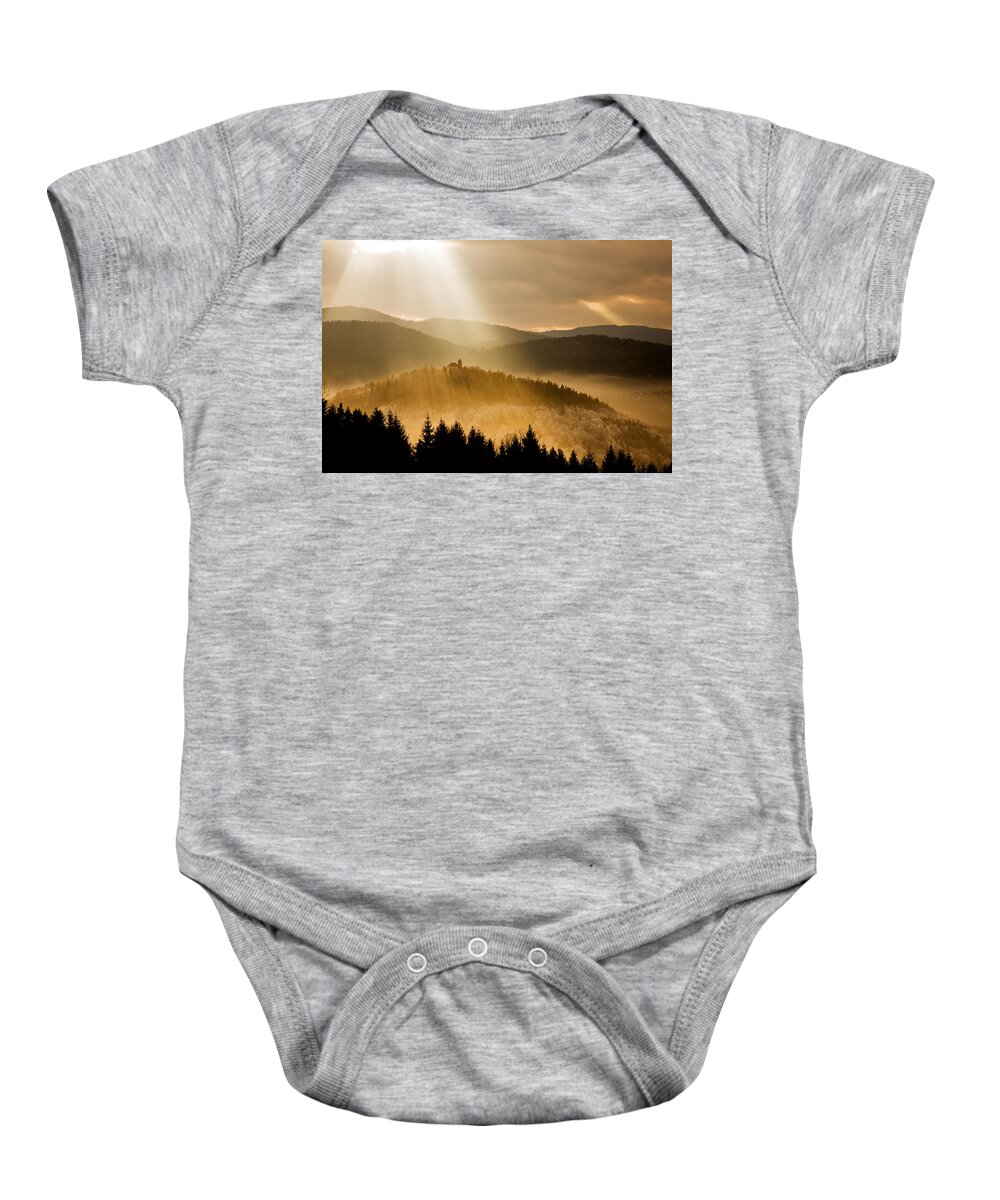 Barje Baby Onesie featuring the photograph Afternoon rays over church #1 by Ian Middleton