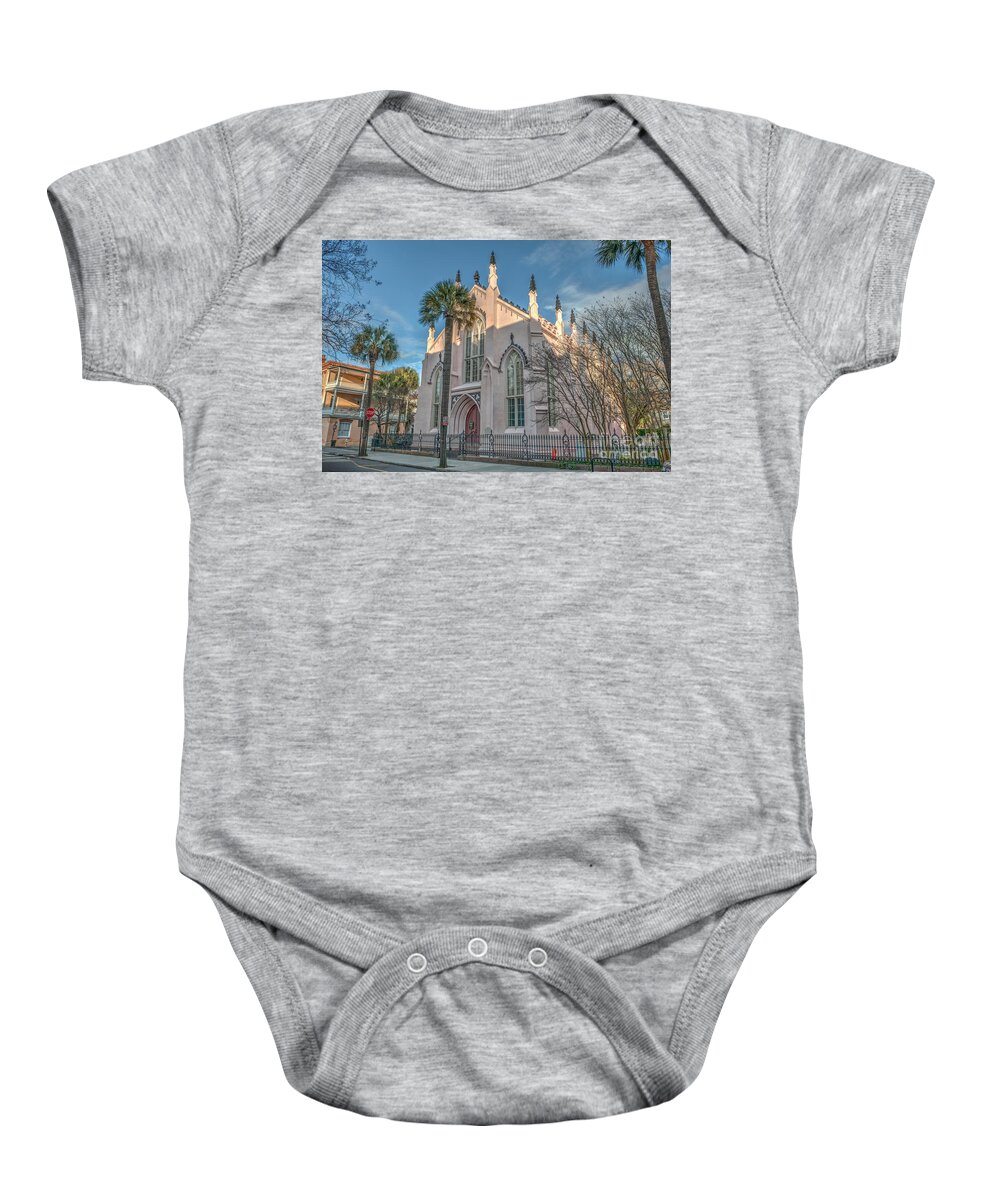The Huguenot Church Baby Onesie featuring the photograph French Huguenot Church by Dale Powell