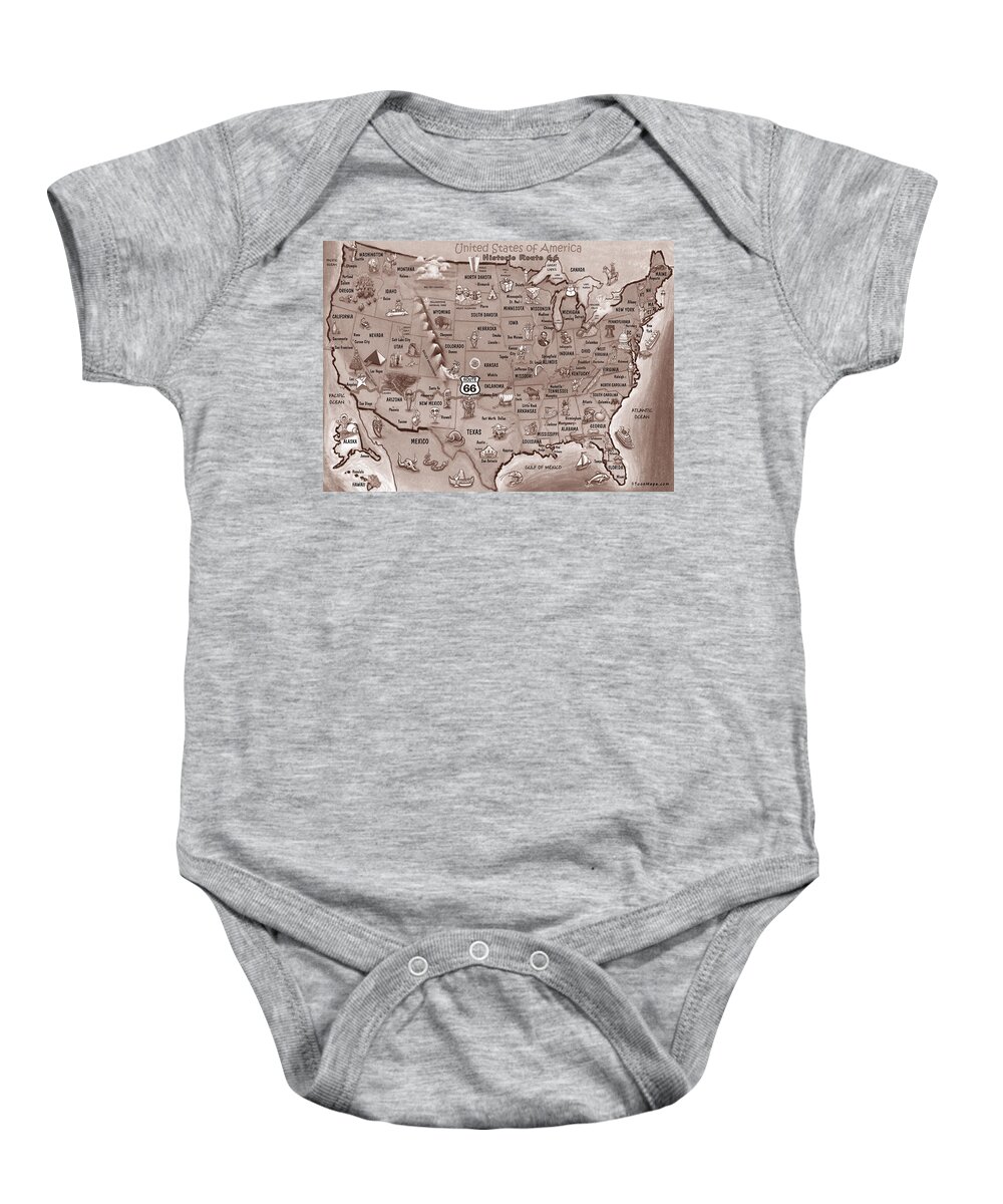 Route 66 Baby Onesie featuring the painting Historic Route 66 Cartoon Map by Kevin Middleton