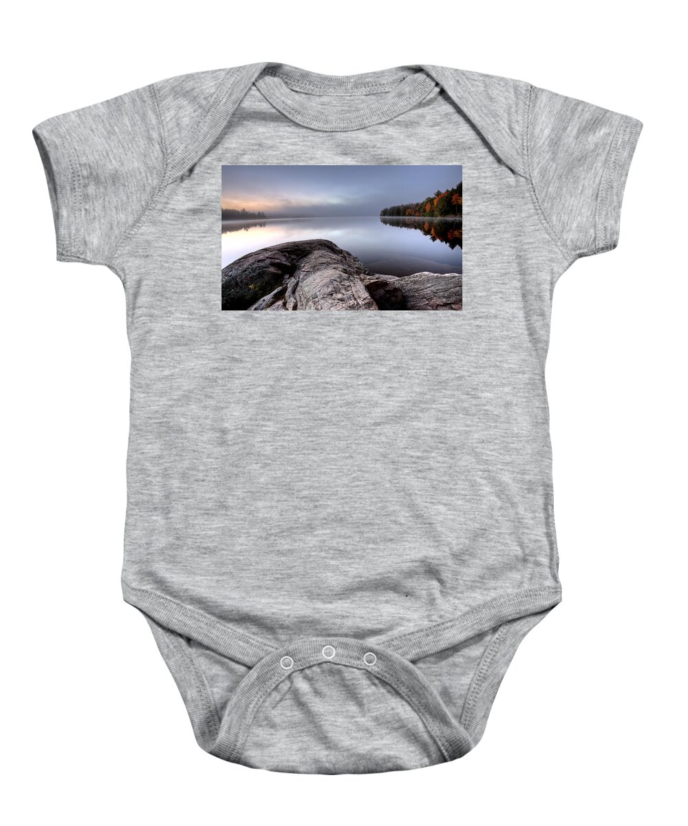 Bright Baby Onesie featuring the photograph Lake in Autumn sunrise reflection #1 by Mark Duffy