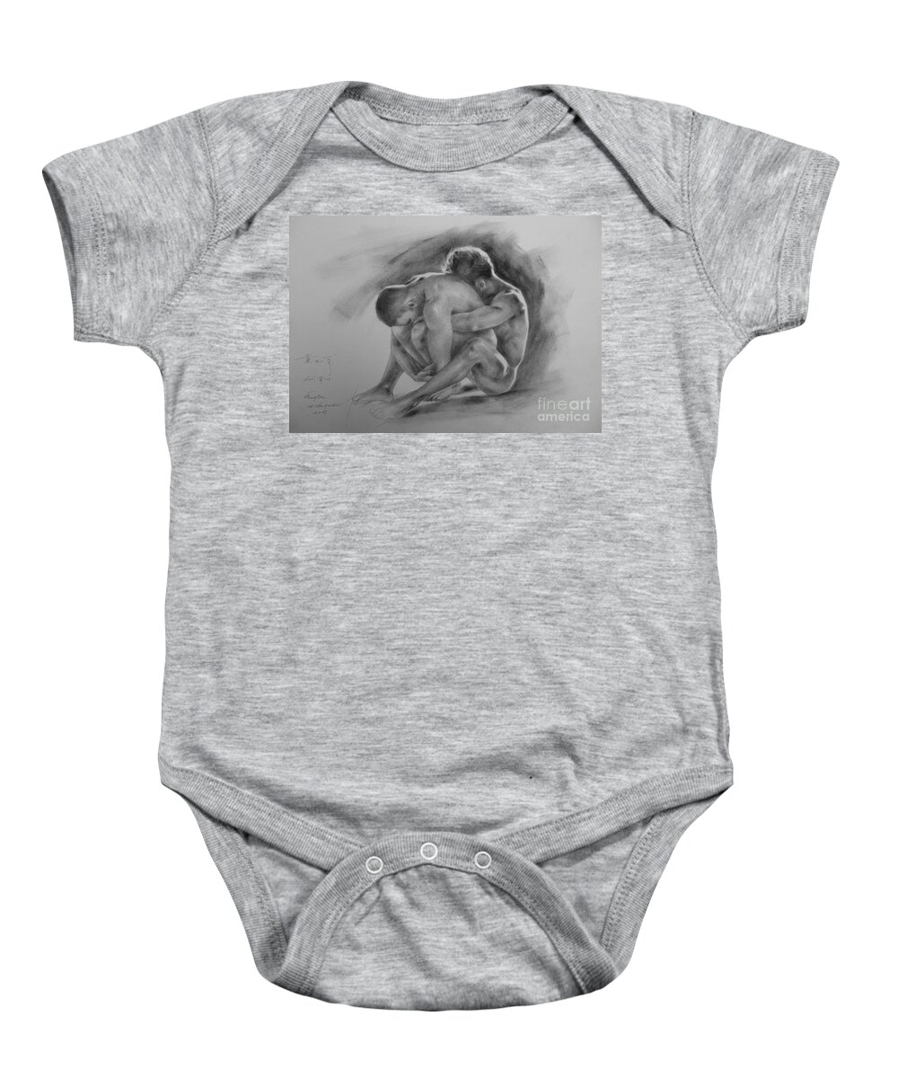 Original Art Baby Onesie featuring the painting Original Drawing Sketch Charcoal Chalk Gay Man Portrait Of Cowboy Art Pencil On Paper By Hongtao #2 by Hongtao Huang