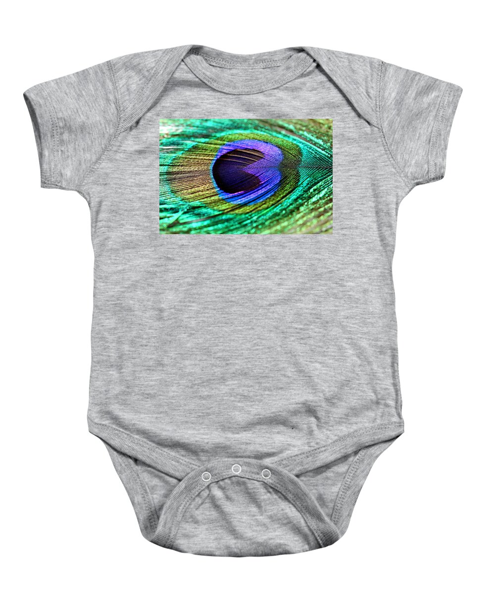 Peacock Feather Baby Onesie featuring the photograph Peacock feather #1 by Heike Hultsch