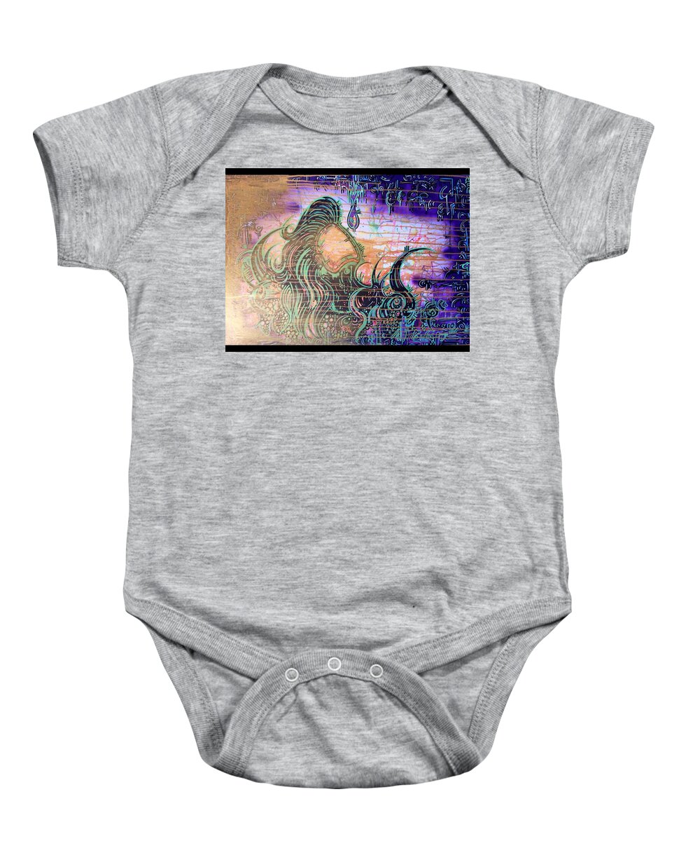 Fire Baby Onesie featuring the mixed media She rose from fire #1 by Lowkey Luciano 