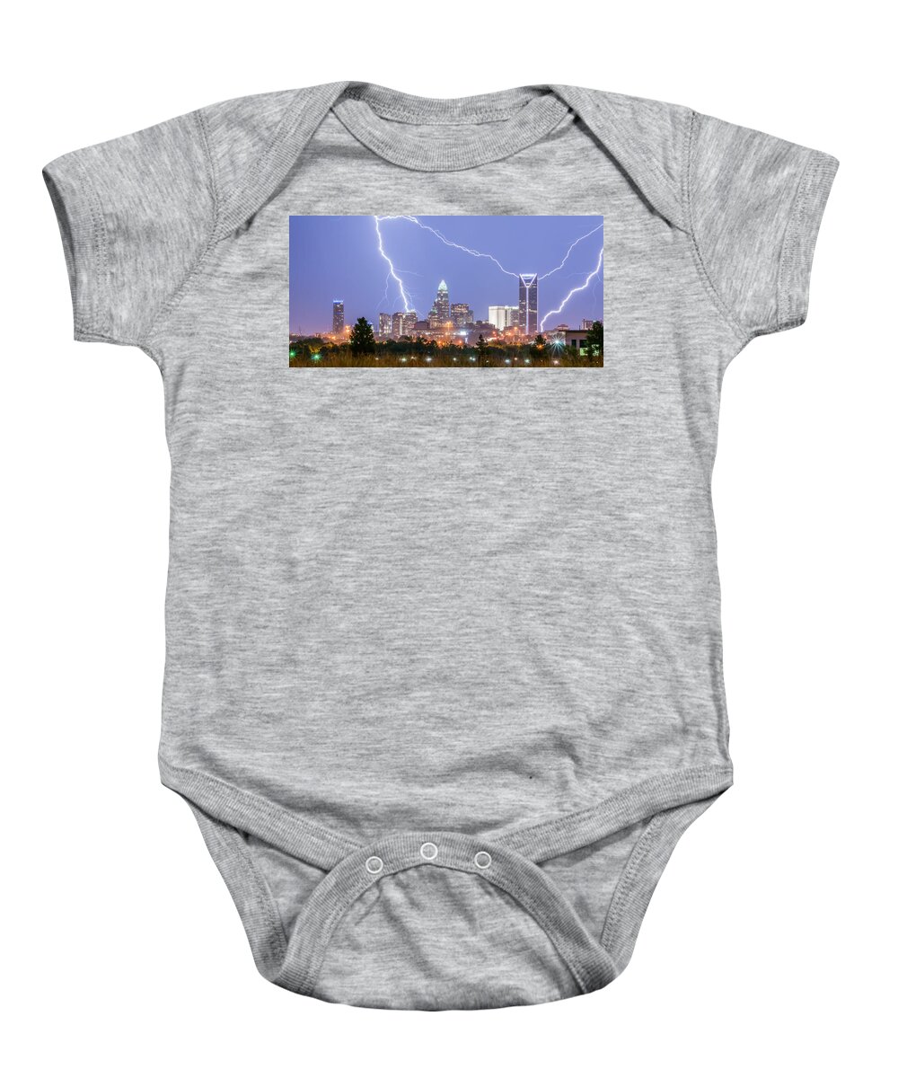 Thunderstorm Baby Onesie featuring the photograph Thunderstorm Lightning Strikes Over Charlotte City Skyline In No #1 by Alex Grichenko