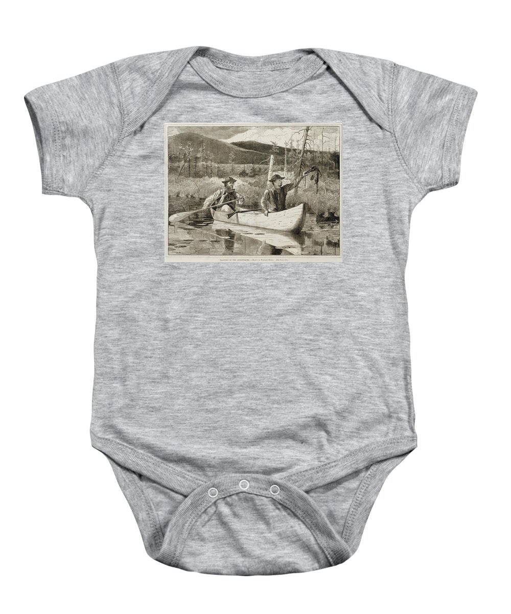 Winslow Homer Baby Onesie featuring the painting Trapping in the Adirondacks #1 by Winslow Homer