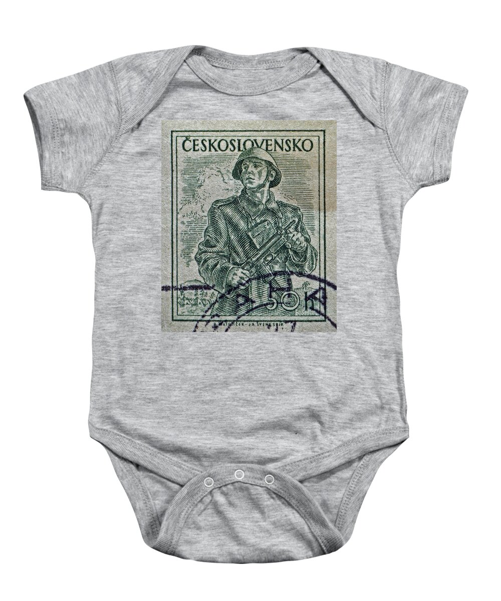 1954 Baby Onesie featuring the photograph 1954 Czechoslovakian Soldier Stamp by Bill Owen