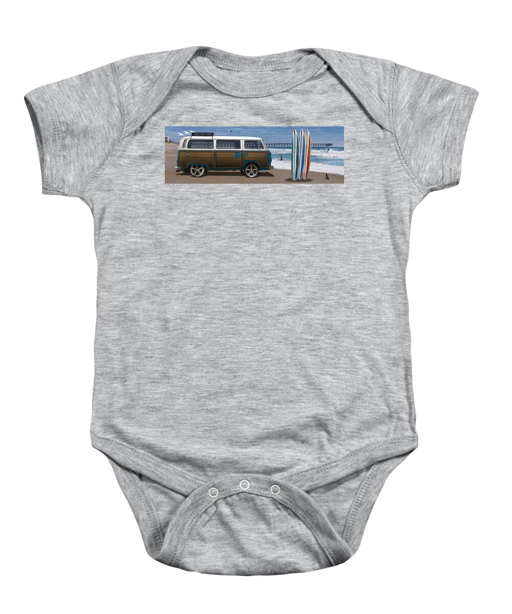 1970 Vw Bus Baby Onesie featuring the photograph 1970 VW Bus Woody by Mike McGlothlen